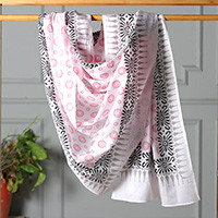 Cotton sarong, 'Deep Rose Dame' - Spring-Themed Hand-Block Printed Deep Rose Cotton Sarong