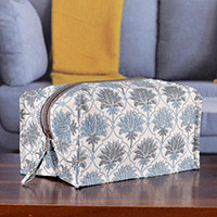Cotton toiletry case, 'Dream of Lotus' - Cotton Toiletry Case with Hand-Block Printed Floral Motifs