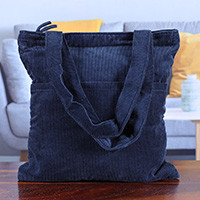 Cotton tote bag, 'Casual Style in Blue' - Cotton Corduroy Tote Bag in Blue Hue with Open Front Pockets
