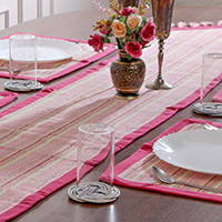Cotton table runner and placemat set, 'Pastel Stripes' (5 pieces) - Striped Cotton Jacquard Table Runner Placemat Set (5 Pieces)