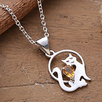 Citrine pendant necklace, 'Feline Poise' - Whimsical Silver Cat Pendant Necklace with Citrine Gemstone