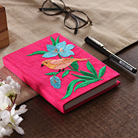 Handmade paper journal, 'Essence of Cerise Nature' - Spring-Themed Cerise Pink Embroidered Handmade Paper Journal