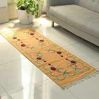Cotton dhurrie runner rug, 'Golden Lands' (2x6) - Spring-Themed 2x6 Warm Yellow 100% Cotton Dhurrie Runner Rug