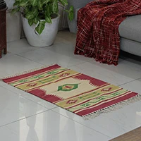 Cotton dhurrie area rug, 'Traditional Accents' (2x3) - Hand-Loomed Geometric Fringed Cotton Dhurrie Area Rug (2x3)