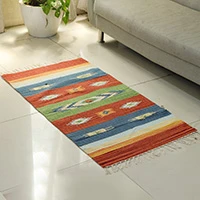 Cotton dhurrie area rug, 'Vibrant Dreams' (2x4) - Boho Geometric Hand-Loomed Cotton Dhurrie Area Rug (2x4)