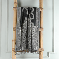 Wool shawl, 'Jamawar Shadows' - Traditional Indian-Made Black and Grey Fringed Wool Shawl
