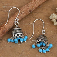 Sterling silver chandelier earrings, 'Gems of Heritage' - Folk Art-Themed Reconstituted Turquoise Chandelier Earrings