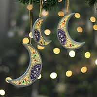 Wood ornaments, 'Kashmir Moons' (set of 3) - 3 Crescent Moon Kashmiri Folk Art-Themed Wood Ornaments