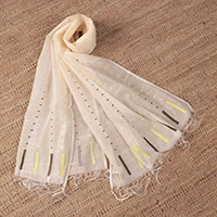Cotton and silk shawl, 'Ivory Shadows' - Handwoven Sheer Ivory Cotton and Silk Shawl with Fringes