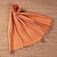Cotton and silk shawl, 'Inner Sunset' - Warm-Toned Striped Cotton and Silk Shawl Handwoven in India