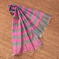 Cotton and silk shawl, 'Pink Occasions' - Artisan-Made Pink and Grey Striped Cotton & Silk Blend Shawl