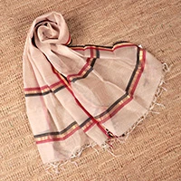Cotton blend shawl, 'Classic India' - Handwoven Striped Cotton Blend Shawl with Zari Thread Accent