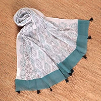 Cotton shawl, 'Creative Essence' - Block-Printed Green White Black Cotton Shawl with Tassels