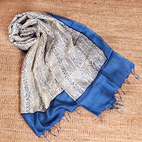 Silk shawl, 'Indigo Forest' - Handwoven Silk Shawl with Leaf Motifs in Indigo and Ivory