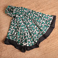 Silk shawl, 'Geometric Glory' - Geometric-Themed Handwoven Silk Shawl in Green Ivory Black