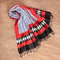 Silk shawl, 'Spiral Flair' - Geometric Modern Fringed Hand-Woven Block-Printed Silk Shawl
