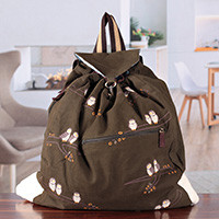 Cotton backpack, 'Owls in The City' - Olive Cotton Backpack with Owl Motifs and Adjustable Straps