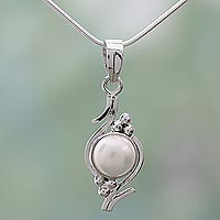 Pearl pendant necklace, 'Lightning Cloud' - Pearl on Sterling Silver Necklace Bridal Jewelry