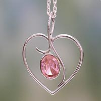 Sterling silver heart necklace, 'Pink Romance' - Heart Jewelry Necklace in Sterling Silver and Pink CZ
