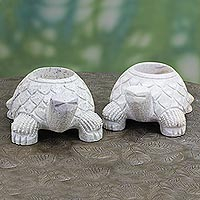 Soapstone candleholders, 'Turtle Twins' - Soapstone candleholders