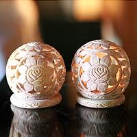 Soapstone candleholders, 'Sunflowers' (pair) - Natural Soapstone Candleholders Hand Carved in India (Pair)