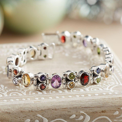 Multi-gemstone link bracelet, 'Sparkle' - Handmade Multi-gemstone Sterling Silver Link Bracelet
