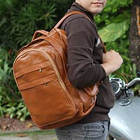 Multi-pocket leather backpack, 'Caramel Brazil' (large) - Multi-pocket leather backpack