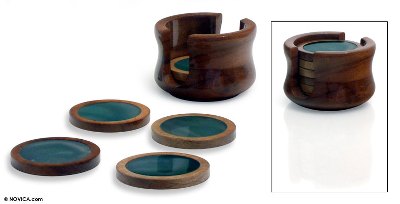 Green agate and cedar coasters, Amazon Emerald (set of 6)