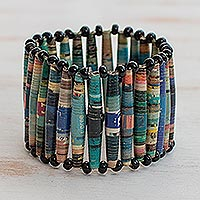 Recycled paper bracelet, 'The News is Blue' - Hand Made Recycled Paper Stretch Bracelet