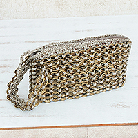 Soda pop-top wristlet bag, 'Golden Hope and Change' - Recycled Soda Pop Top Wristlet from Brazil