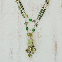 Serpentine long eco-necklace, 'Story of Hope' - Handcrafted Recycled Paper and Serpentine Necklace