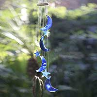 Agate wind chimes, 'Blue Moon and Stars' - Blue Agate Moon and Star Wind Chimes from Brazil