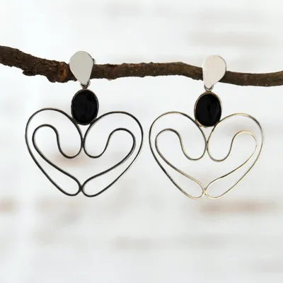 Onyx dangle earrings, Open Heart
