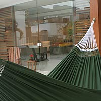 Cotton hammock, 'Ipanema Palm' (double) - Brazilian Solid Green Cotton Fabric Hammock (Double)