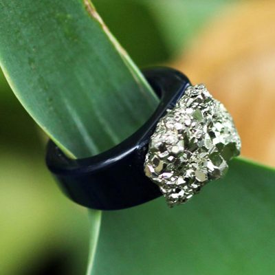Handcrafted Modern Pyrite and Agate Cocktail Ring