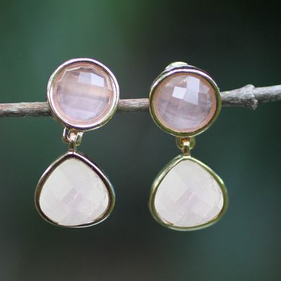 Gold plated rose quartz and amethyst dangle earrings, Equilibrium