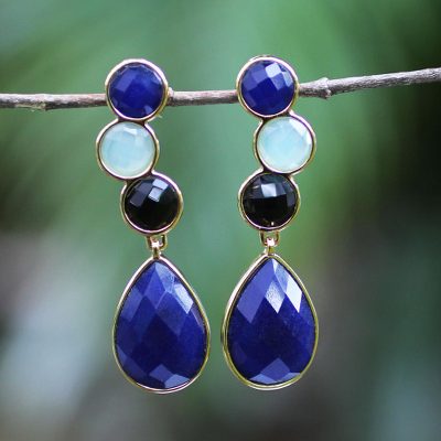 Gold plated onyx dangle earrings, Blue Carioca Melody