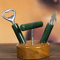 Agate bar set, 'Carioca Green' (3 pieces) - Agate Bar Set with Wood Stand from Brazil (3 pieces)
