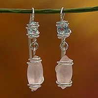 Aquamarine and rose quartz dangle earrings,
