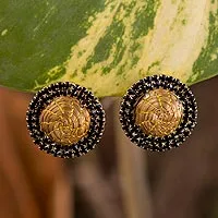 Gold plated golden grass button earrings,