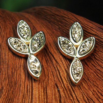 Brazilian drusy agate button earrings, Golden Foliage