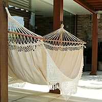 Cotton hammock with spreader bars, 'Tropical Nature' (single) - Brazilian Cotton Hammock with Crocheted Fringe (Single)