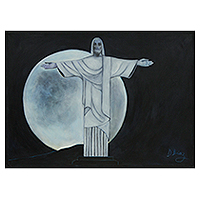 'Christ the Redeemer and the Moon' - Original Signed Painting of Christ the Redeemer Stature