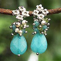 Jade and cultured pearl flower earrings,