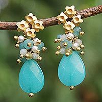 Gold plated jade and cultured pearl flower earrings,