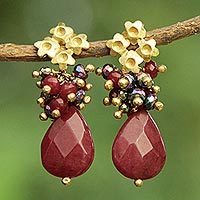 Gold plated jade and pyrite flower earrings,
