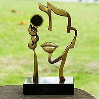 Bronze sculpture with photo frame, 'Visage' - Surreal Face in Bronze Sculpture with Round Photo Slot