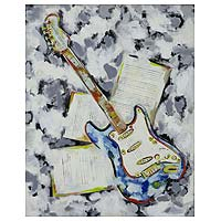 'Guitar of Dreams II' - Signed Painting of Floating Electrical Guitar from Brazil