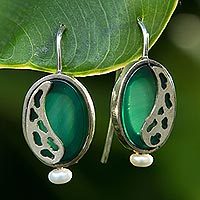 Agate and cultured pearl drop earrings,