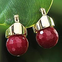 Gold plated ruby drop earrings,